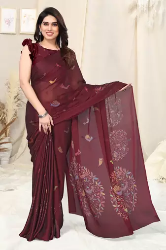 Maroon chiffon madhubani print bird print saree with unstitched blouse piece