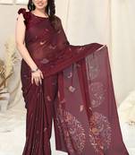 Maroon chiffon madhubani print bird print saree with unstitched blouse piece