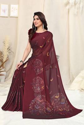 Maroon chiffon madhubani print bird print saree with unstitched blouse piece 2
