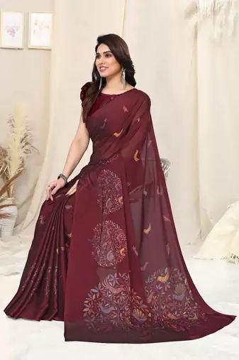 Maroon chiffon madhubani print bird print saree with unstitched blouse piece