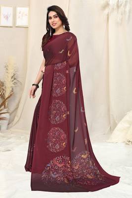Maroon chiffon madhubani print bird print saree with unstitched blouse piece 3