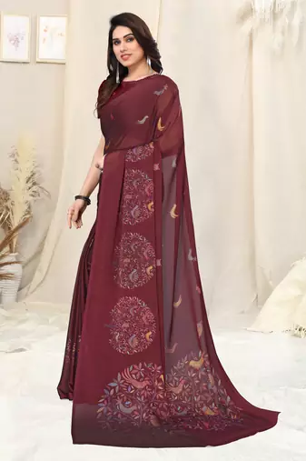 Maroon chiffon madhubani print bird print saree with unstitched blouse piece