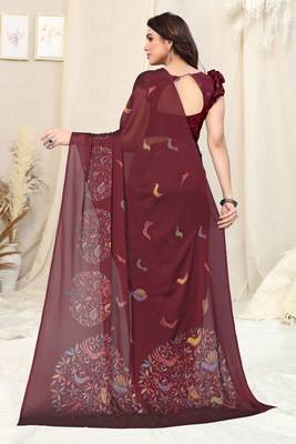 Maroon chiffon madhubani print bird print saree with unstitched blouse piece 4