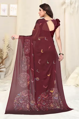Maroon chiffon madhubani print bird print saree with unstitched blouse piece
