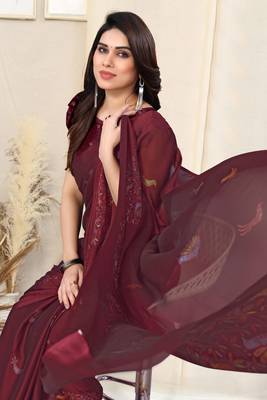 Maroon chiffon madhubani print bird print saree with unstitched blouse piece 5