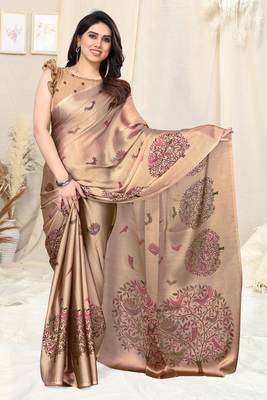 Dusty cream chiffon madhubani print bird print saree with unstitched blouse piece 1