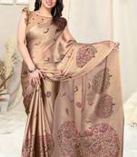 Dusty cream chiffon madhubani print bird print saree with unstitched blouse piece