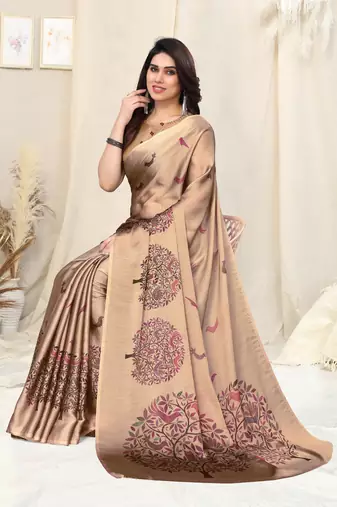 Dusty cream chiffon madhubani print bird print saree with unstitched blouse piece