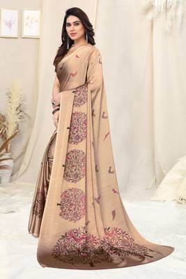 Dusty cream chiffon madhubani print bird print saree with unstitched blouse piece 3