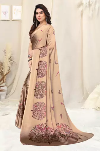 Dusty cream chiffon madhubani print bird print saree with unstitched blouse piece