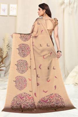 Dusty cream chiffon madhubani print bird print saree with unstitched blouse piece 4