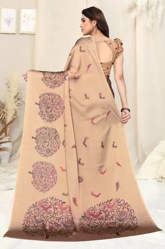 Dusty cream chiffon madhubani print bird print saree with unstitched blouse piece