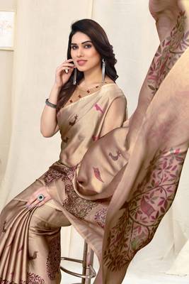Dusty cream chiffon madhubani print bird print saree with unstitched blouse piece 5