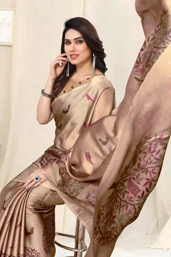 Dusty cream chiffon madhubani print bird print saree with unstitched blouse piece