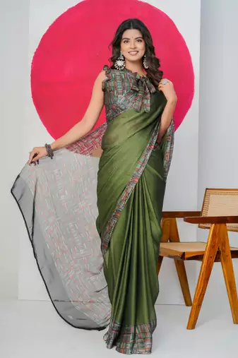 Green chiffon solid abstract print printed saree with unstitched blouse piece