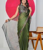 Green chiffon solid abstract print printed saree with unstitched blouse piece