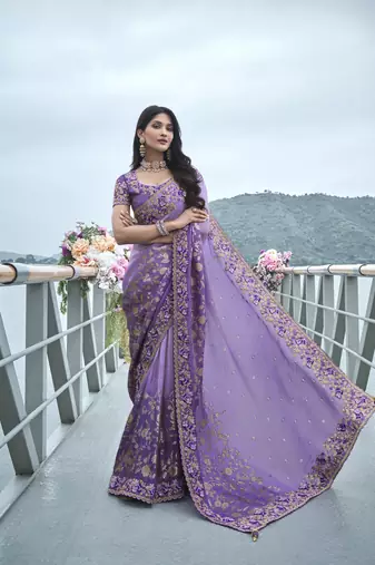 Purple heavy embroidery,mirror,stone work tissue silk saree with blouse piece