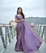 Purple heavy embroidery,mirror,stone work tissue silk saree with blouse piece