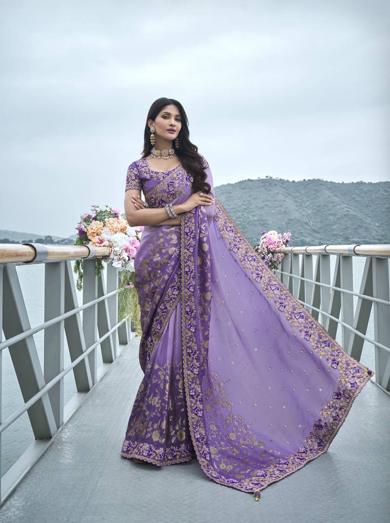 Purple heavy embroidery,mirror,stone work tissue silk saree with blouse piece
