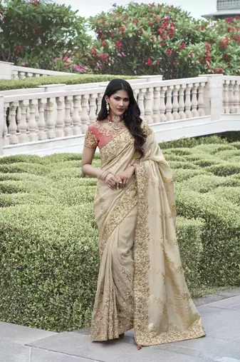 Beige heavy embroidery,mirror,stone work tissue silk saree with blouse piece