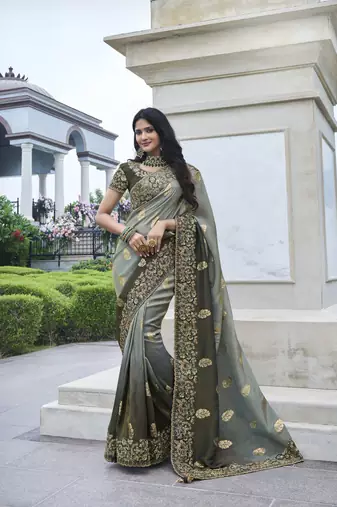 Grey heavy embroidery,mirror,stone work tissue silk saree with blouse piece