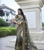 Grey heavy embroidery,mirror,stone work tissue silk saree with blouse piece