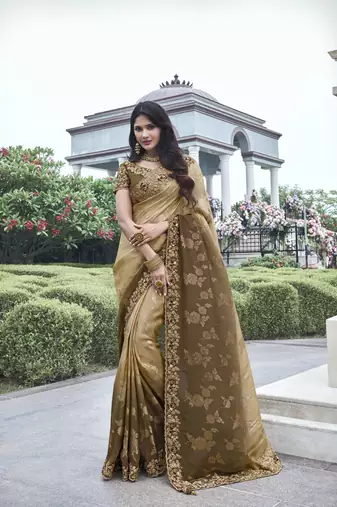 Brown heavy embroidery,mirror,stone work tissue silk saree with blouse piece