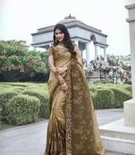 Brown heavy embroidery,mirror,stone work tissue silk saree with blouse piece