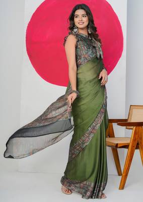 Green chiffon solid abstract print printed saree with unstitched blouse piece 3