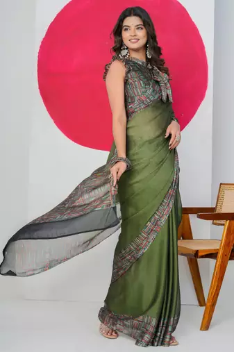 Green chiffon solid abstract print printed saree with unstitched blouse piece