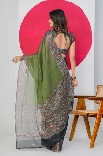 Green chiffon solid abstract print printed saree with unstitched blouse piece