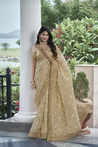 Beige heavy embroidery,mirror,stone work tissue silk saree with blouse piece