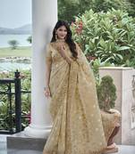 Beige heavy embroidery,mirror,stone work tissue silk saree with blouse piece