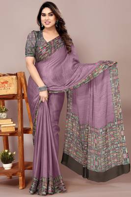 Dusty purple chiffon solid abstract print printed saree with unstitched blouse piece 1