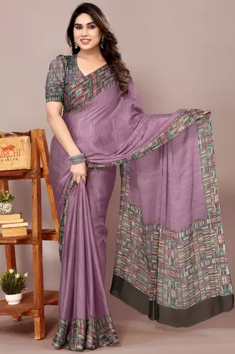 Dusty purple chiffon solid abstract print printed saree with unstitched blouse piece