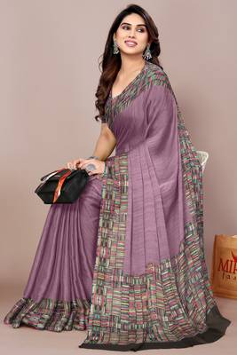 Dusty purple chiffon solid abstract print printed saree with unstitched blouse piece 2