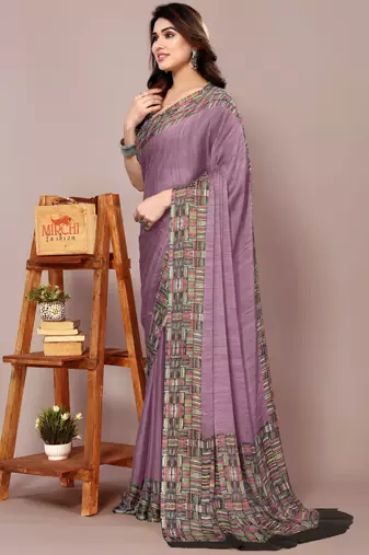 Dusty purple chiffon solid abstract print printed saree with unstitched blouse piece