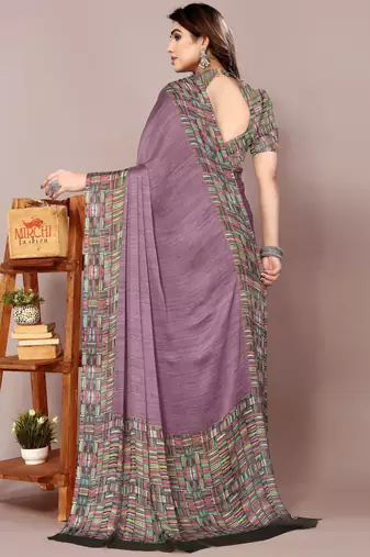 Dusty purple chiffon solid abstract print printed saree with unstitched blouse piece