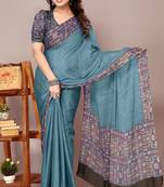 Greyish blue chiffon solid abstract print printed saree with unstitched blouse piece