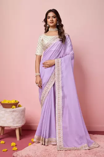 Purple  embroidery work border,blouse organza saree with blouse piece