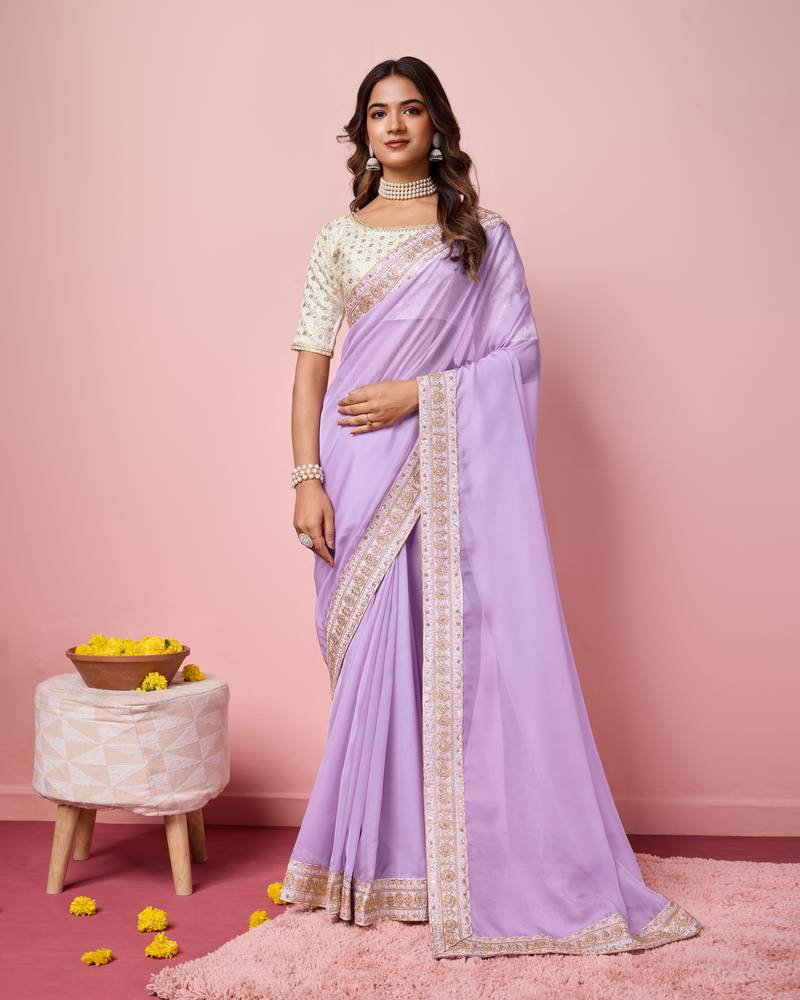 Purple  embroidery work border,blouse organza saree with blouse piece