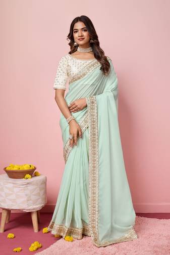 Sea green  embroidery work border,blouse organza saree with blouse piece