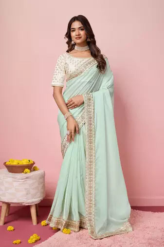 Sea green  embroidery work border,blouse organza saree with blouse piece