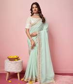 Sea green  embroidery work border,blouse organza saree with blouse piece