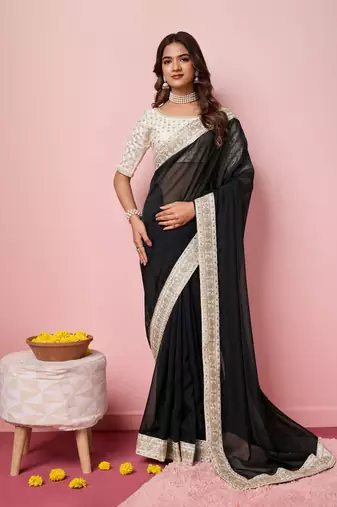 Black  embroidery work border,blouse organza saree with blouse piece