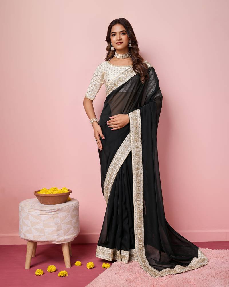 Black  embroidery work border,blouse organza saree with blouse piece