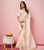 Peach  embroidery work border,blouse organza saree with blouse piece