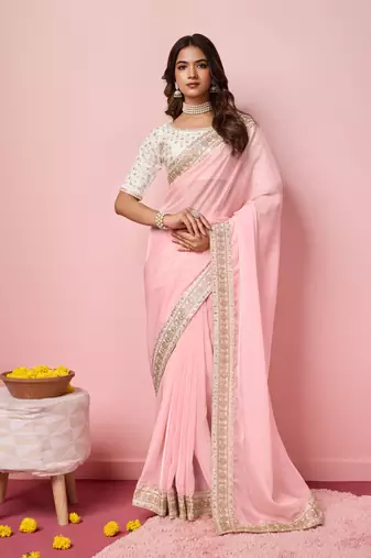 Rose pink  embroidery work border,blouse organza saree with blouse piece