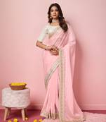 Rose pink  embroidery work border,blouse organza saree with blouse piece