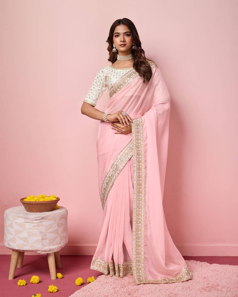 Rose pink  embroidery work border,blouse organza saree with blouse piece